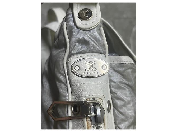 Edge Céline Celine Bolso de hombro de nailon plateado y cuero blanco Plata - vista 9