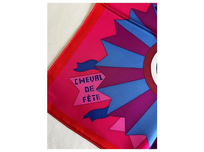 90 cm Quadrat "Festpferd" - Hermès Braun Pink Rot Mehrfarben Beige Grün Gelb - Ansicht 2