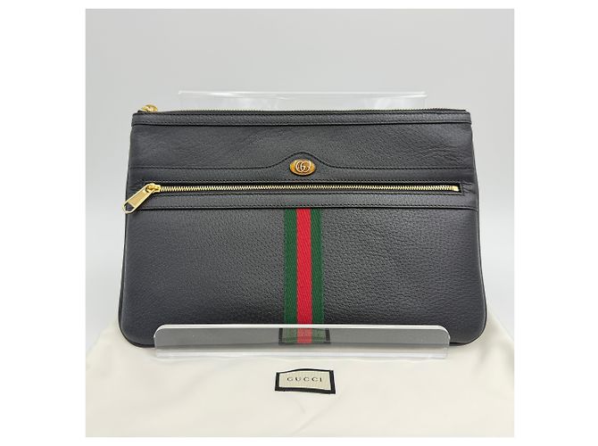 Gucci Clutch in pelle nera Ophidia con tre strisce Nero - vista 2