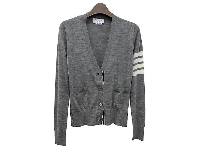 Thom Browne Asymmetrischer Arm Band Merinowoll-Cardigan in Hellgrau Braun - Ansicht 13
