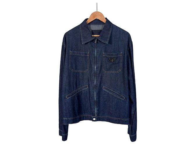 Prada Giacca cropped in denim leggero con zip per uomo, blu navy, XL - vista 3