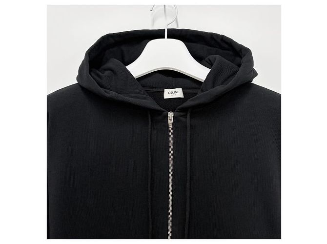 Céline Giacca con cappuccio zip loose con stampa logo a schermo bianco e nero - vista 12