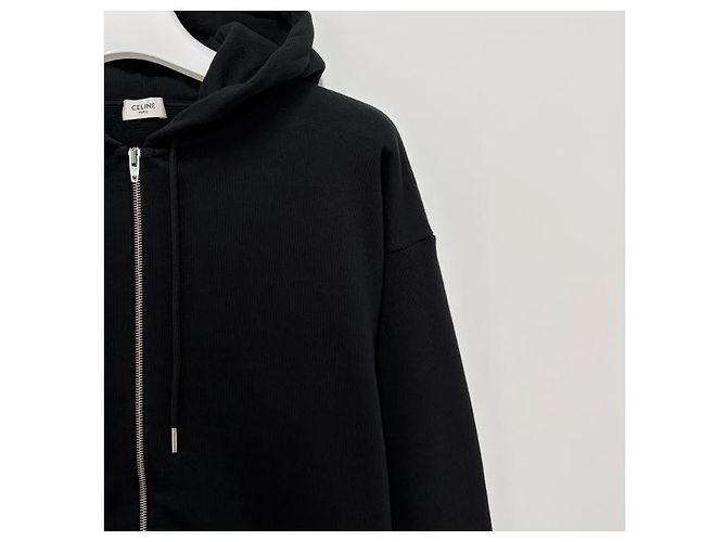 Céline Giacca con cappuccio zip loose con stampa logo a schermo bianco e nero - vista 13
