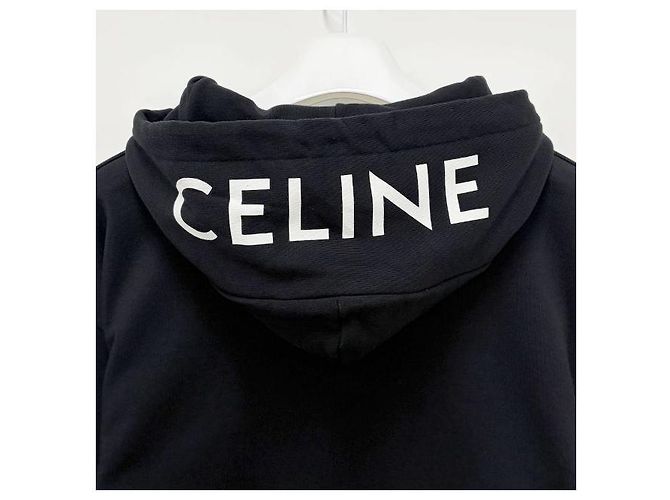 Céline Giacca con cappuccio zip loose con stampa logo a schermo bianco e nero - vista 6