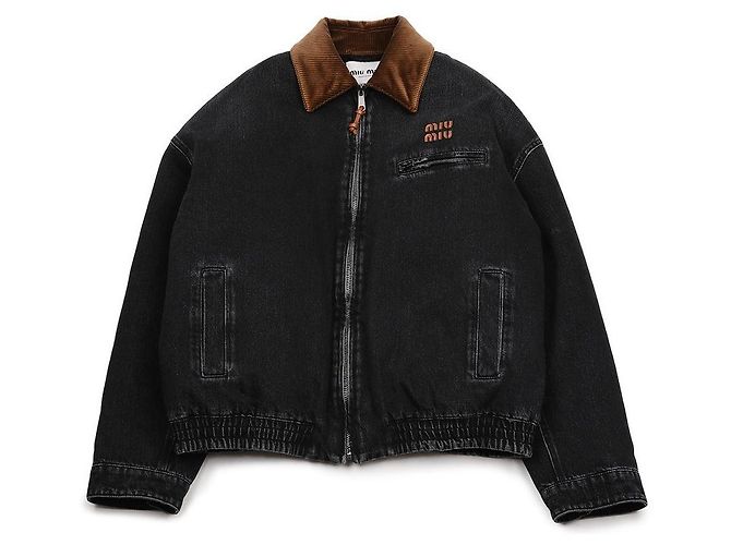 Miu Miu Denim-Zip-Jacke mit Cordkragen und echtem Logo-Patch Schwarz - Ansicht 3