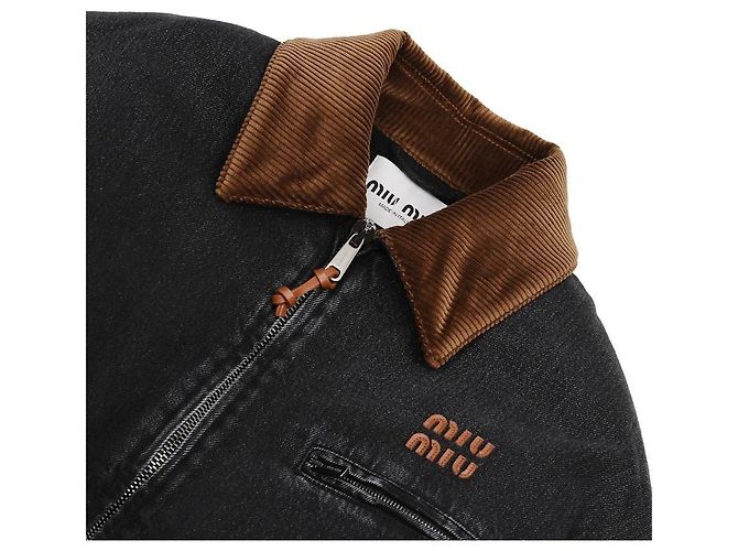 Miu Miu Denim-Zip-Jacke mit Cordkragen und echtem Logo-Patch Schwarz - Ansicht 6