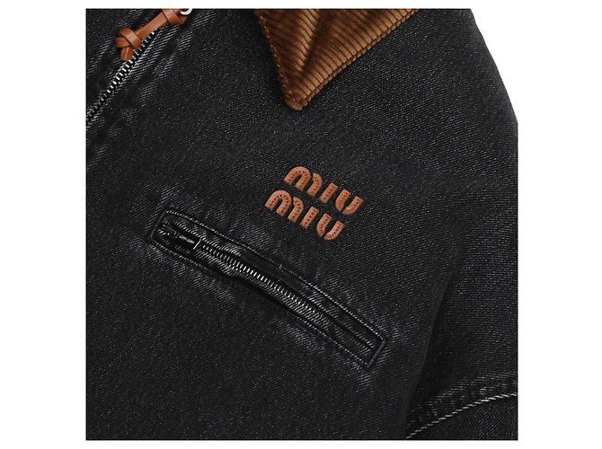 Miu Miu Denim-Zip-Jacke mit Cordkragen und echtem Logo-Patch Schwarz - Ansicht 9