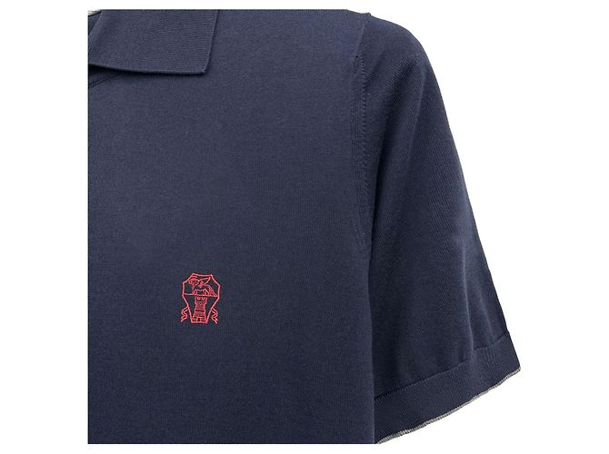 Brunello Cucinelli Logo Baumwollstrick Polo Kurzarm T-Shirt Blau - Ansicht 8