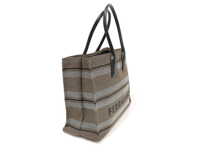 Salvatore Ferragamo Borsa shopper da spiaggia in tela PVC a righe beige e nera con firma Marrone - vista 3