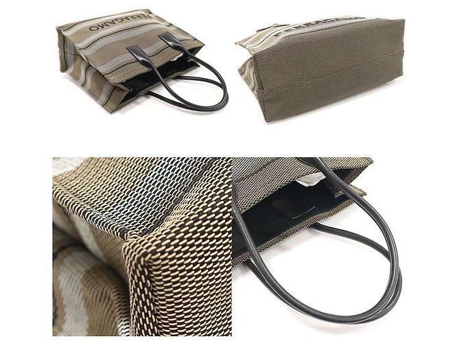 Salvatore Ferragamo Borsa shopper da spiaggia in tela PVC a righe beige e nera con firma Marrone - vista 5