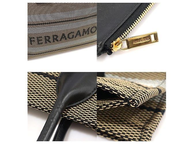 Salvatore Ferragamo Borsa shopper da spiaggia in tela PVC a righe beige e nera con firma Marrone - vista 6