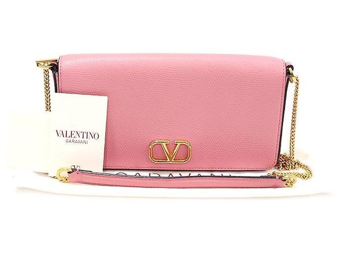 Valentino Pochette in pelle di vitello grana rosa caramella con catena logo - vista 2
