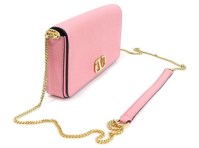 Valentino Pochette in pelle di vitello grana rosa caramella con catena logo - vista 3