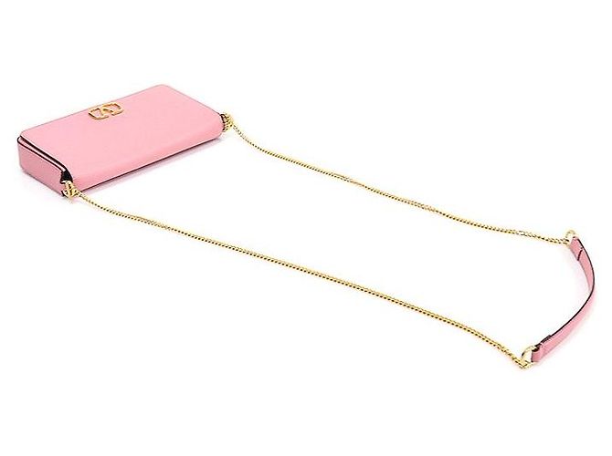 Valentino Pochette in pelle di vitello grana rosa caramella con catena logo - vista 4