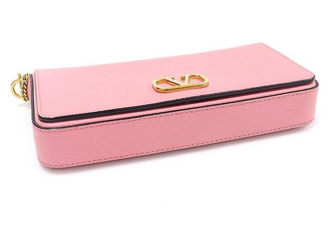 Valentino Pochette in pelle di vitello grana rosa caramella con catena logo - vista 5
