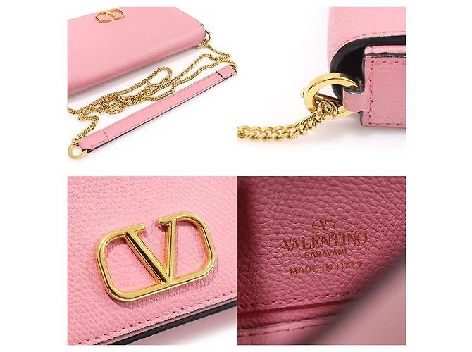 Valentino Pochette in pelle di vitello grana rosa caramella con catena logo - vista 7
