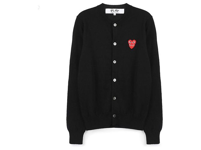 Comme Des Garcons Schwarze Strickjacke mit Doppeltem Rotem Herz-Patch - Ansicht 3