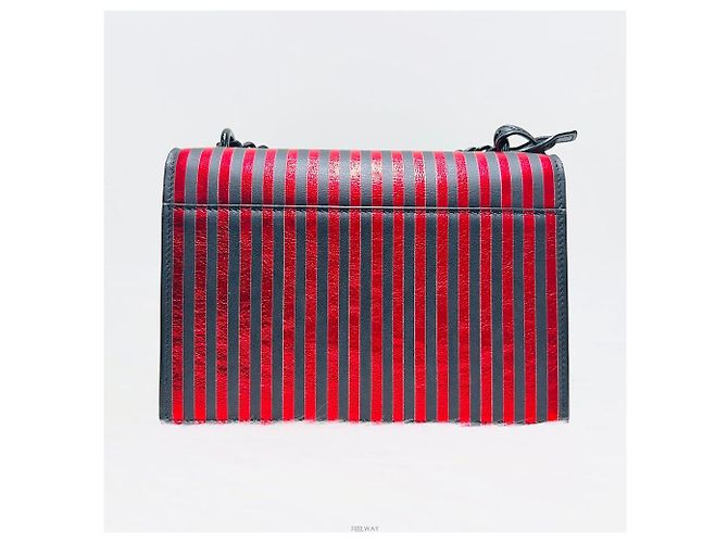 Saint Laurent Borsa a tracolla piccola in tela metallica a righe monogramma Sunset Rosso - vista 2