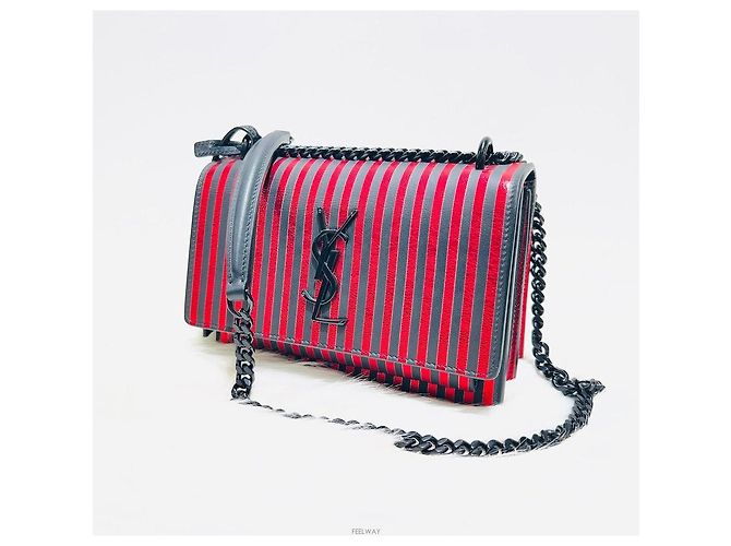 Saint Laurent Borsa a tracolla piccola in tela metallica a righe monogramma Sunset Rosso - vista 6