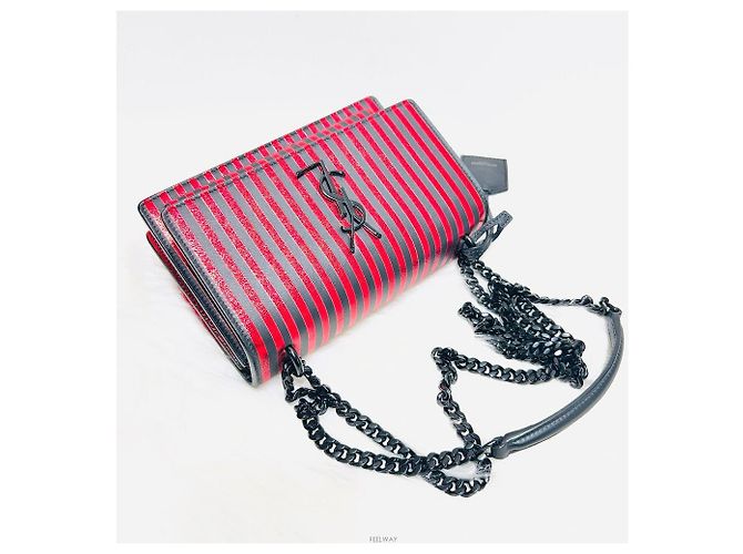 Saint Laurent Borsa a tracolla piccola in tela metallica a righe monogramma Sunset Rosso - vista 7
