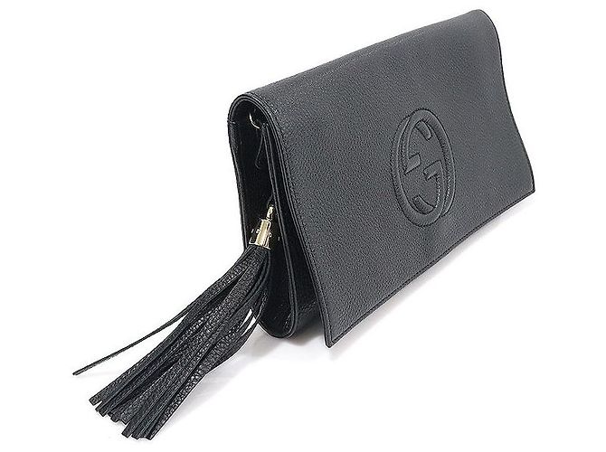 Gucci Clutch Soho in pelle nera con frange Nero - view 3