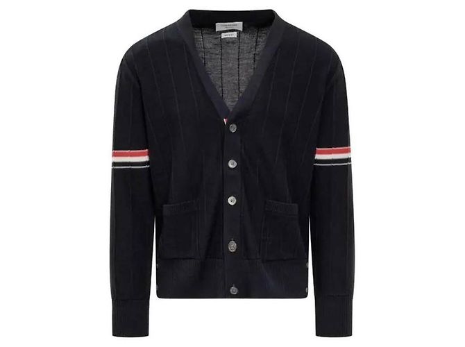 Thom Browne Cardigan en laine à col en V décontracté avec bandes aux bras - vue 4