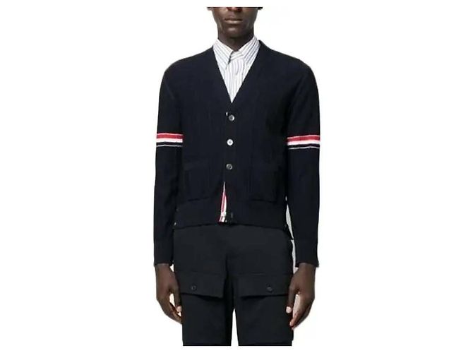 Thom Browne Cardigan en laine à col en V décontracté avec bandes aux bras - vue 6