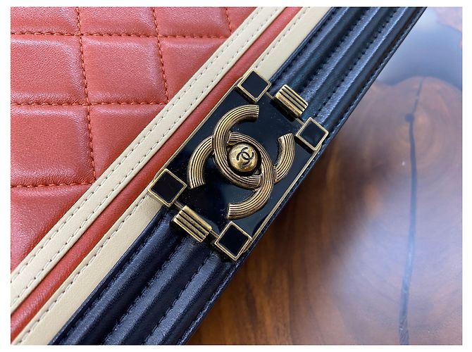Chanel Borsa Boy in agnello arancione - Serie Point Nero - vista 8