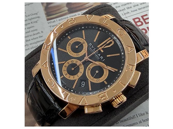 Bulgari Relógio Cronógrafo de Couro Dourado Rosa Preto - vista 5