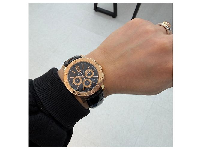 Bulgari Relógio Cronógrafo de Couro Dourado Rosa Preto - vista 6
