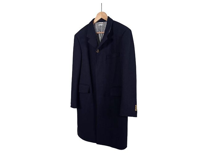 Thom Browne Chestfield Melton Gold Button Diagonal Wool Coat Navy Size Blue - view 2
