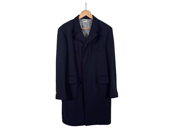 Thom Browne Chestfield Melton Gold Button Diagonal Wool Coat Navy Size Blue - view 3