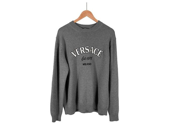Versace Herrenpullover aus Wolle mit Milano-Stich und gesticktem Logo - Grau Braun - Ansicht 3
