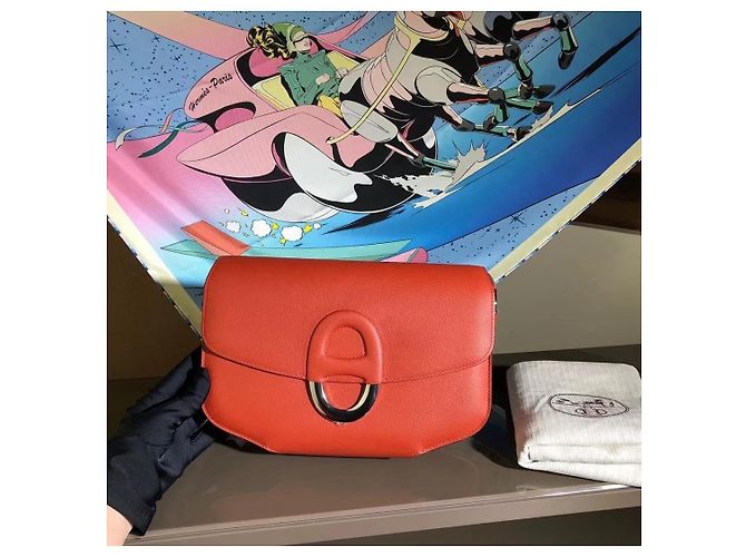 Borsa a spalla Hermès in pelle EL rosso salmone fibbia argento - vista 2