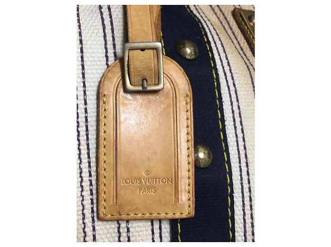 Louis Vuitton Borsa Tote a Righe in Tela Beige Blu scuro - vista 11