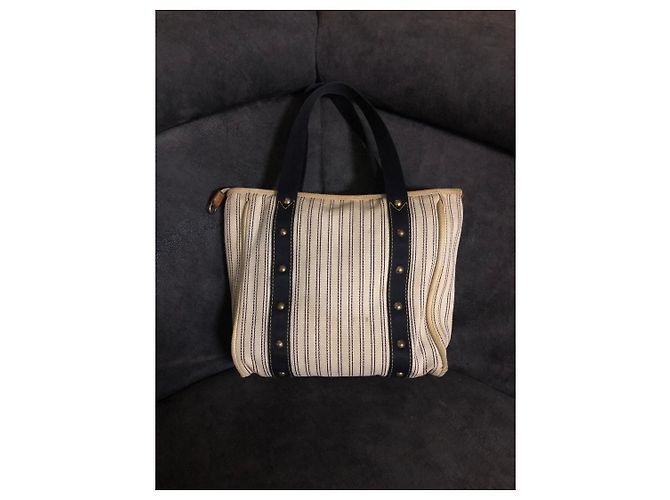Louis Vuitton Borsa Tote a Righe in Tela Beige Blu scuro - vista 2