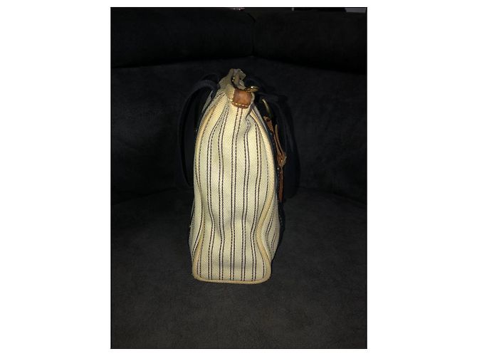 Louis Vuitton Borsa Tote a Righe in Tela Beige Blu scuro - vista 4