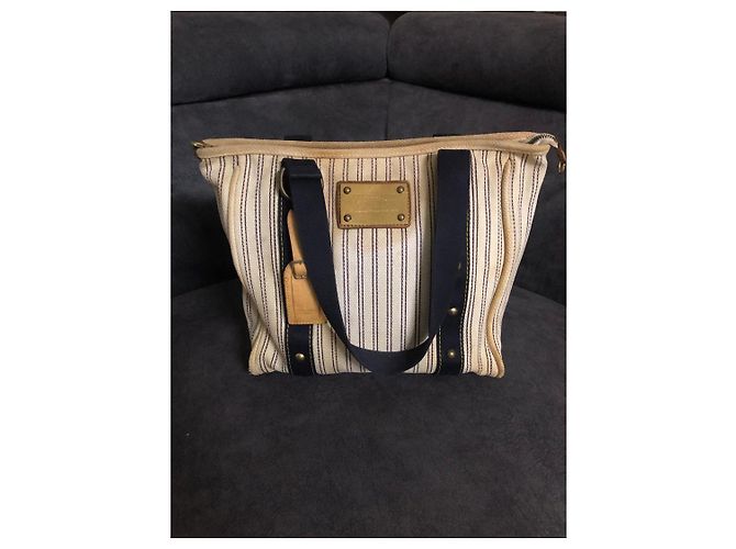 Louis Vuitton Borsa Tote a Righe in Tela Beige Blu scuro - vista 6