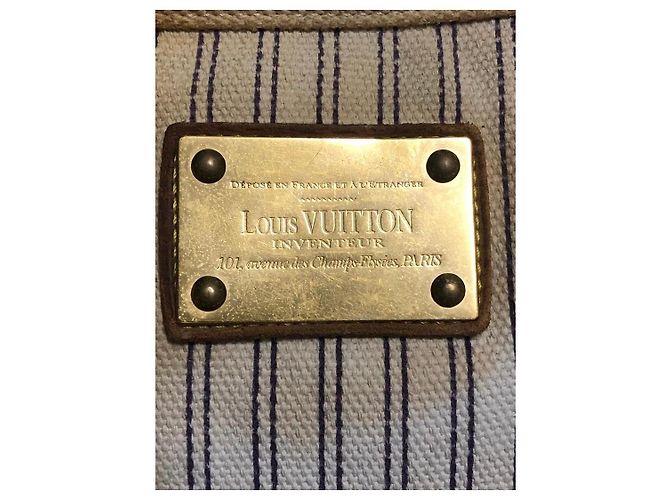 Louis Vuitton Borsa Tote a Righe in Tela Beige Blu scuro - vista 7
