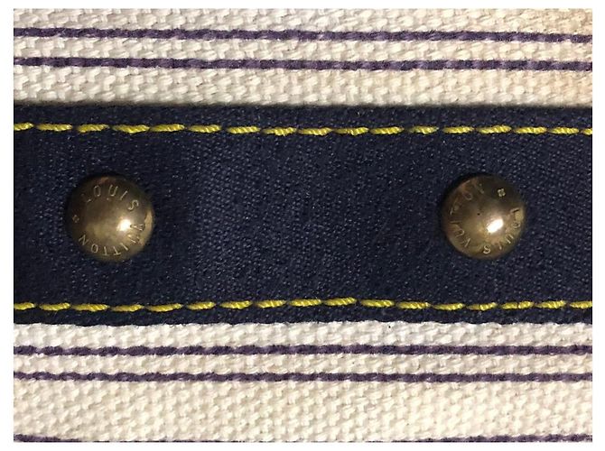 Louis Vuitton Borsa Tote a Righe in Tela Beige Blu scuro - vista 9