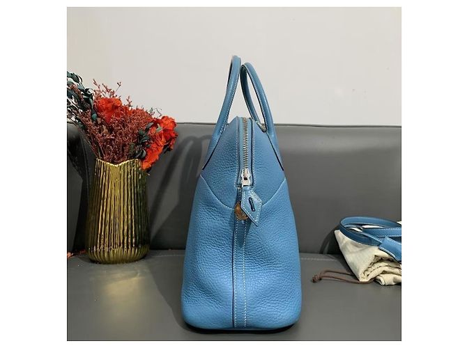 Borsa Hermès Lovecraft 35 in pelle blu denim - vista 2