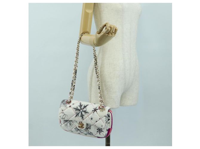 CHANEL Matelassé 26 Borsa a Spalla con Catena Nylon Bianco Oro CC Auth 176536SAV D'oro - vista 27
