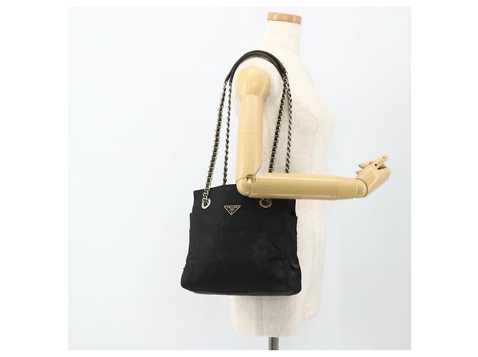 Tote PRADA Kettentasche Nylon Schwarz Silber Auth bs34649 - Ansicht 26