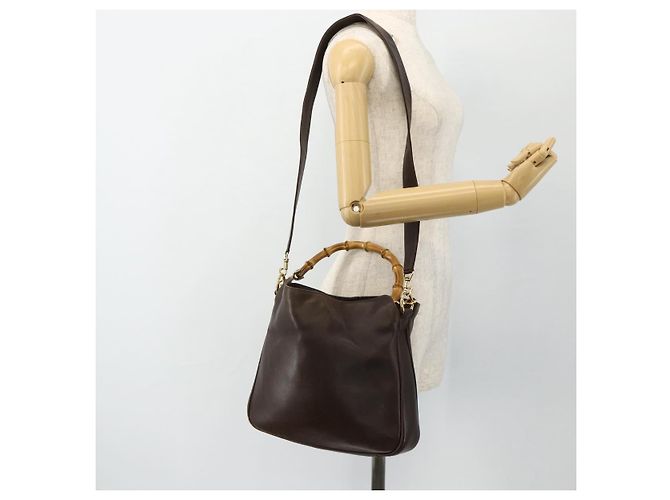 Borsa a mano in pelle GUCCI Bamboo 2way Marrone Oro 001 1998 1638 Auth 175794 - vista 23
