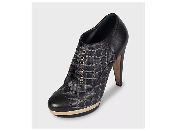 Chanel Black Leather Checkered Embroidery Ankle Boots Sz 37.5 pre-owned - view 3