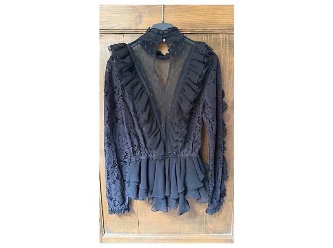 Autre Marque Schwarze Spitzenbluse mit Rüschen - Ansicht 2
