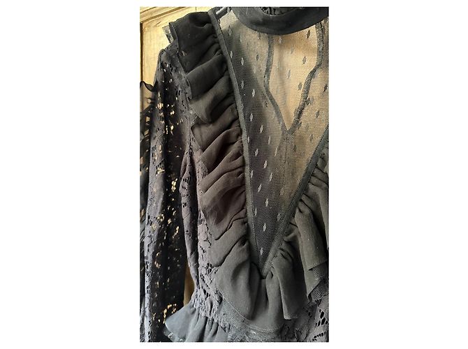 Autre Marque Schwarze Spitzenbluse mit Rüschen - Ansicht 4