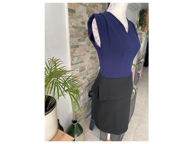 Abito Maje Bicolore Peplum Blu Navy e Nero - vista 2