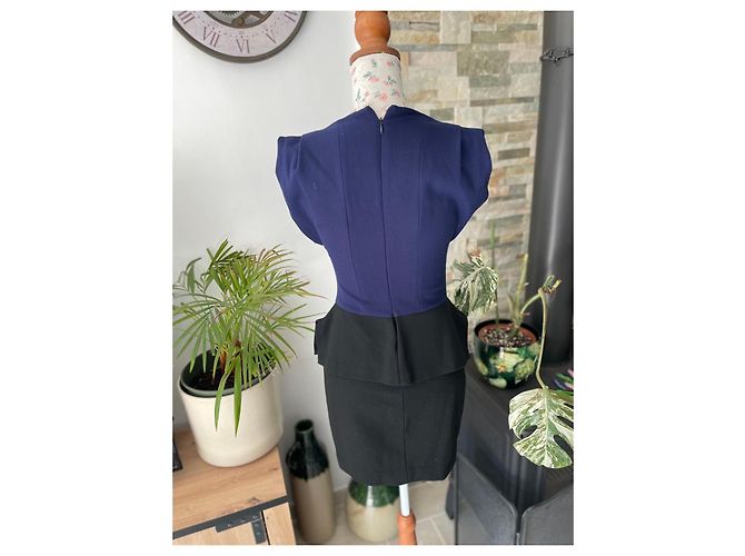 Abito Maje Bicolore Peplum Blu Navy e Nero - vista 4