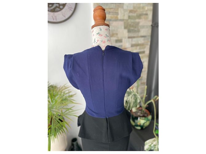 Abito Maje Bicolore Peplum Blu Navy e Nero - vista 5